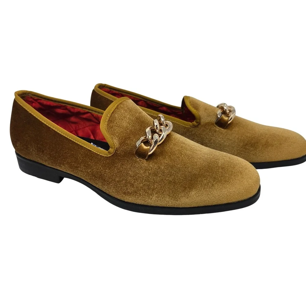 Foevtrue Loafers Mens 13 Gold Velvet Chain Link Slip On Formal Luxe NWT‎